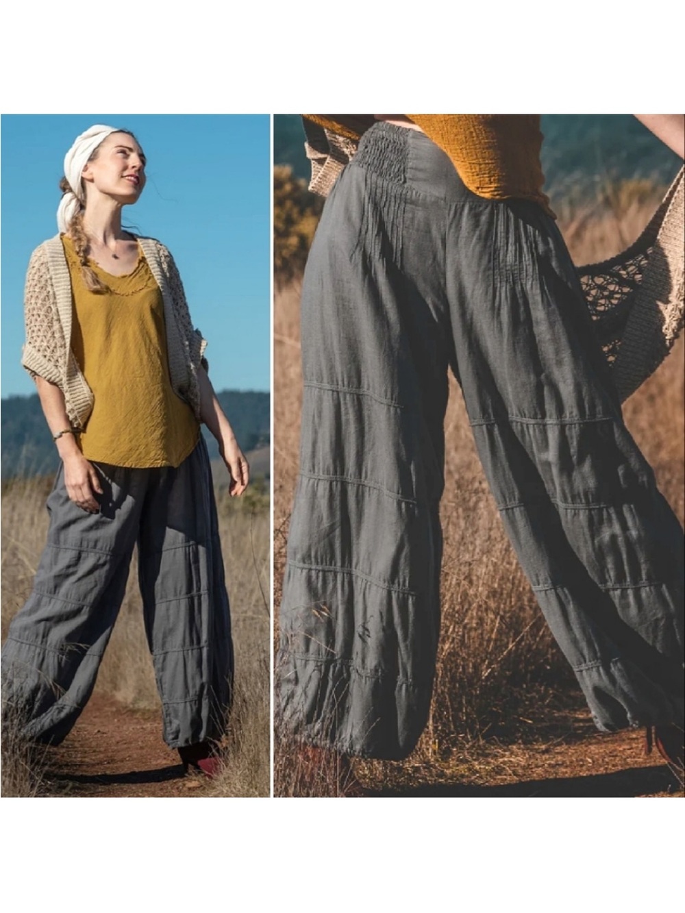 Cotton Flower Grey High Rise Natural Yoga 100% Cotton Boho Harem Balloon Pants L